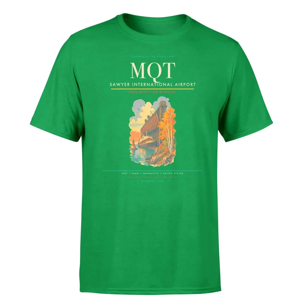 Sawyer International Airport (MQT) T-Shirt single-side front print in Green | sawyer-international-airport-mqt-double-side-t-shirt
