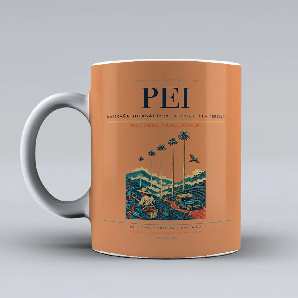 Matecaña International Airport (PEI) airport code design on orange ceramic mug