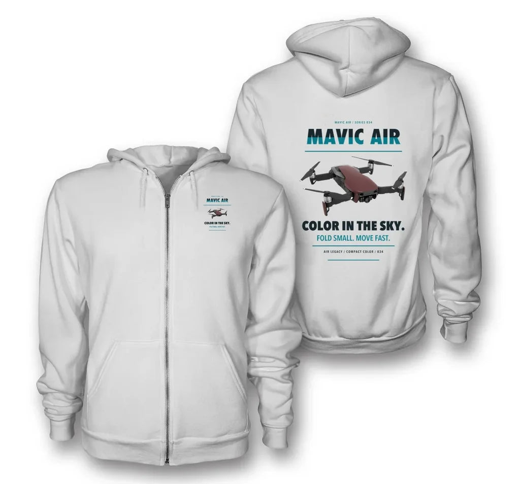DJI Mavic Air design on white zipped hoodie