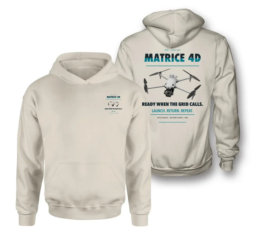 DJI Matrice 4D design on khaki hoodie