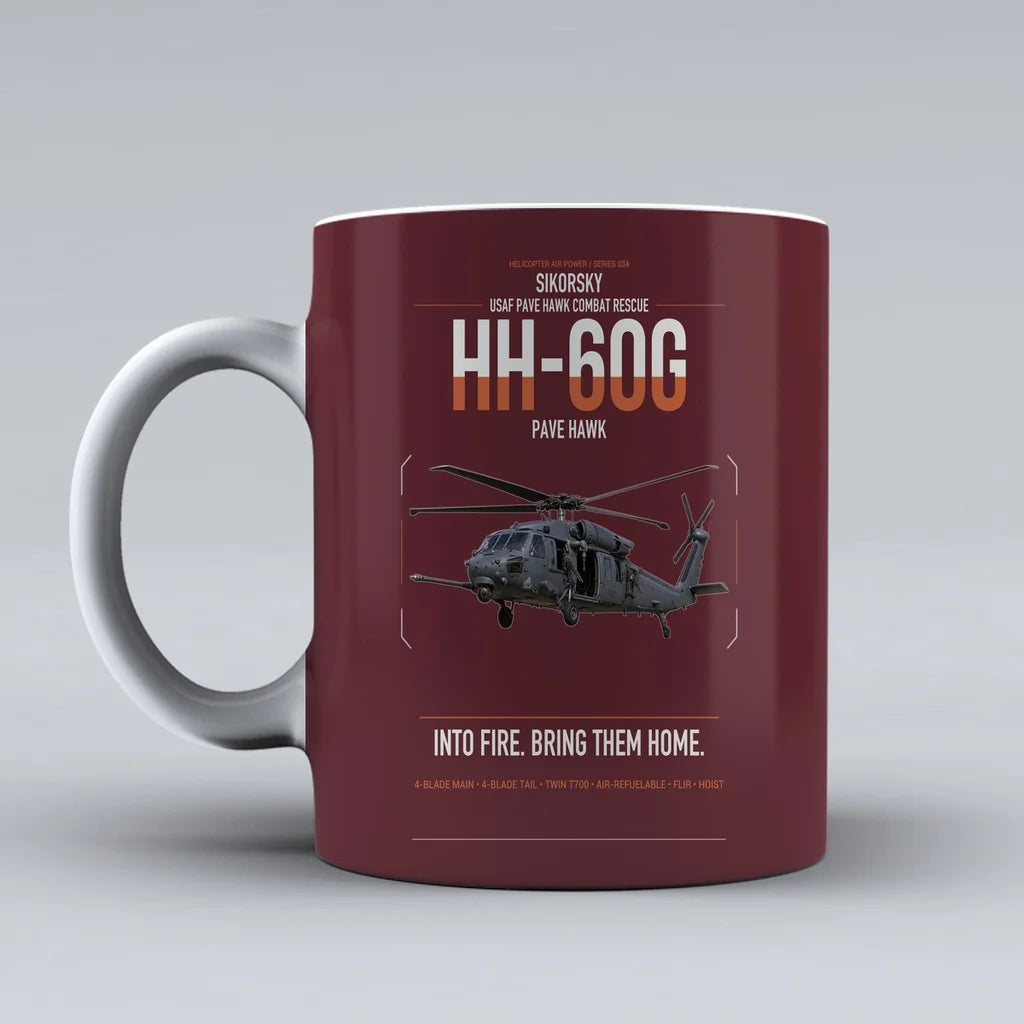 Sikorsky HH-60G Pave Hawk design on dark red ceramic mug, double-side print