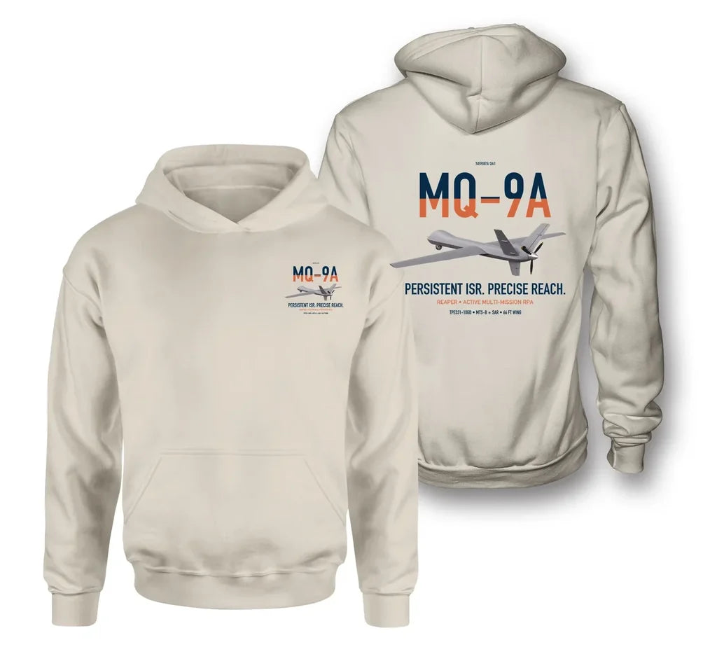 MQ-9A Reaper design on khaki double-side hoodie, double-side print