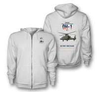 Thumbnail for Kawasaki OH-1 design on white premium zipped hoodie, double-side print