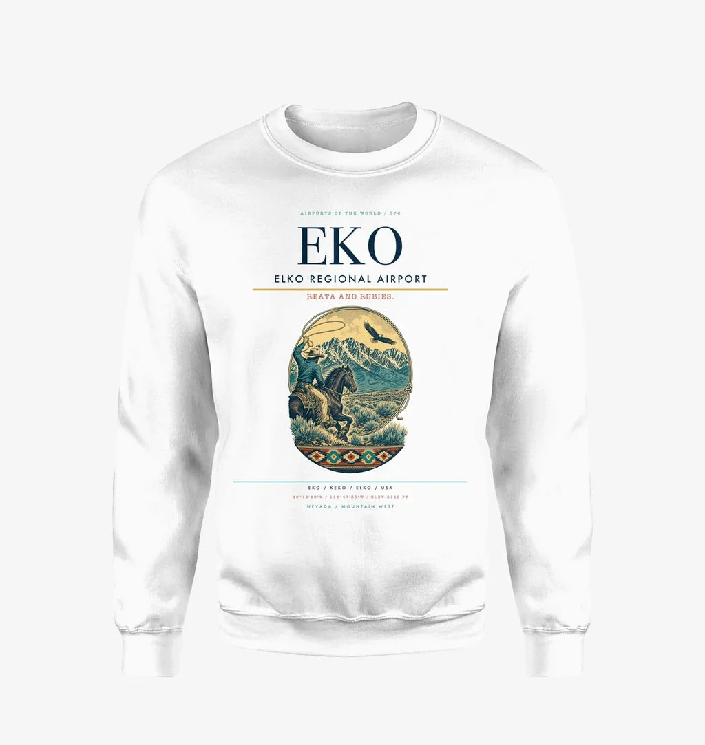 Elko Regional Airport (EKO) design on white sweatshirt