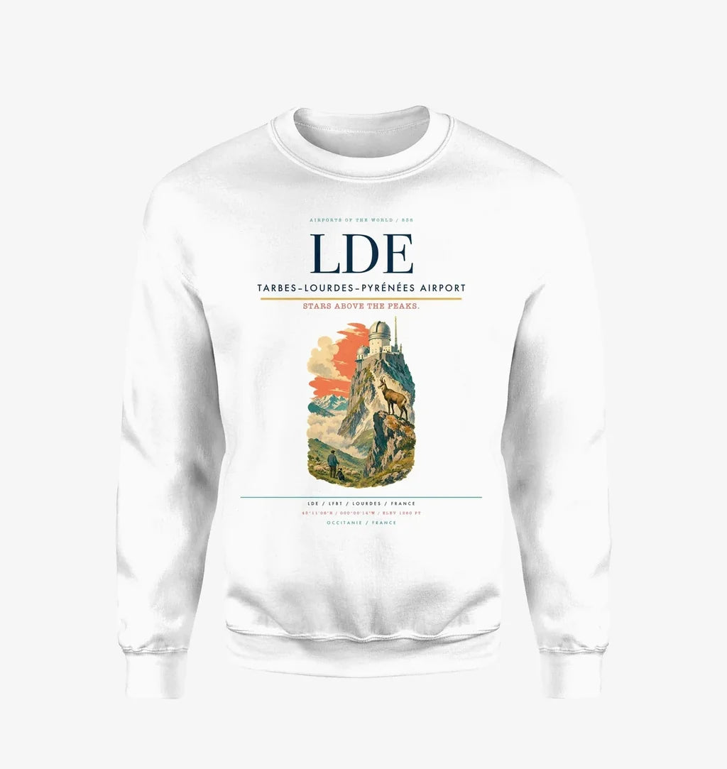 Tarbes–Lourdes–Pyrénées Airport (LDE) design on white sweatshirt
