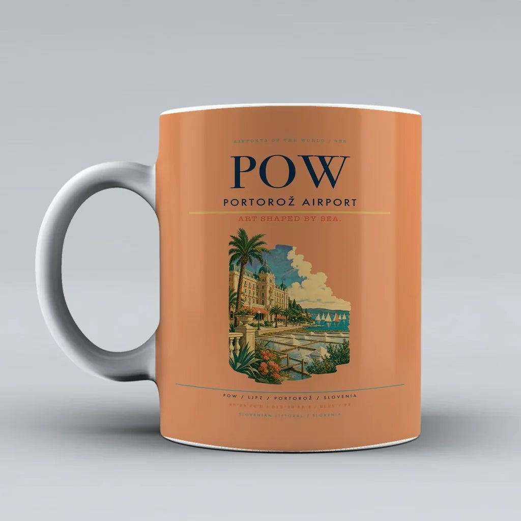 Portorož Airport (POW) airport code design on orange ceramic mug