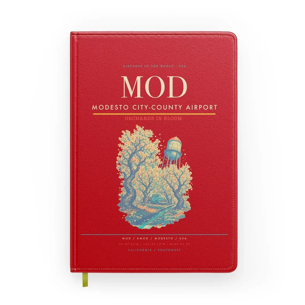 Modesto City-County Airport (MOD) design on red notebook