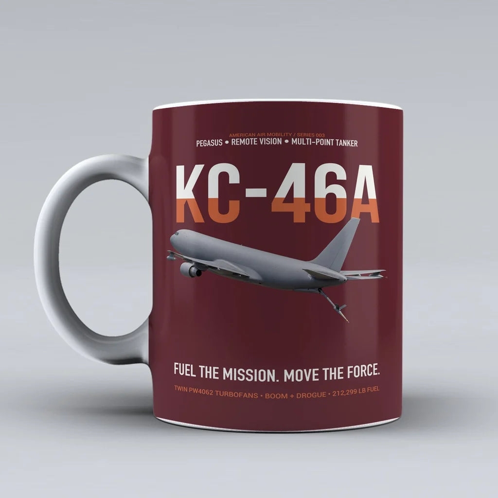 KC-46A PEGASUS design on dark red ceramic mug, double-side print