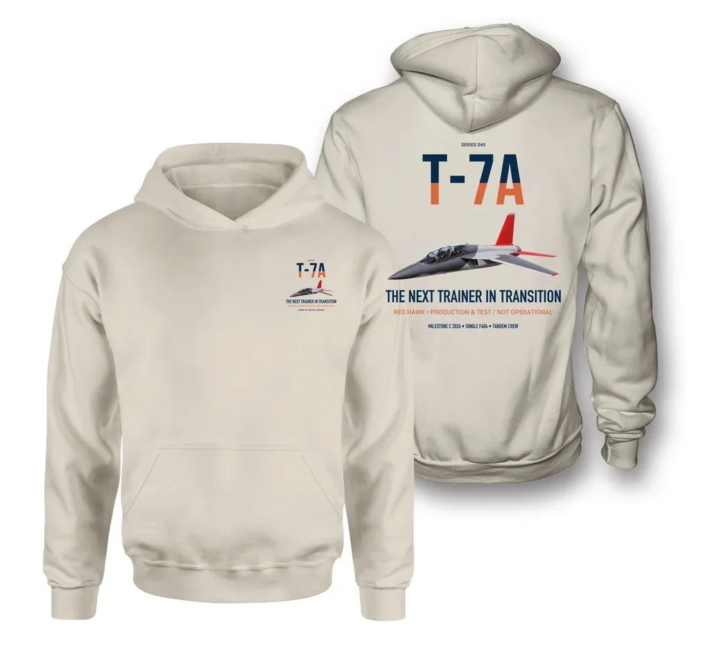 T-7A Red Hawk design on khaki double-side hoodie, double-side print