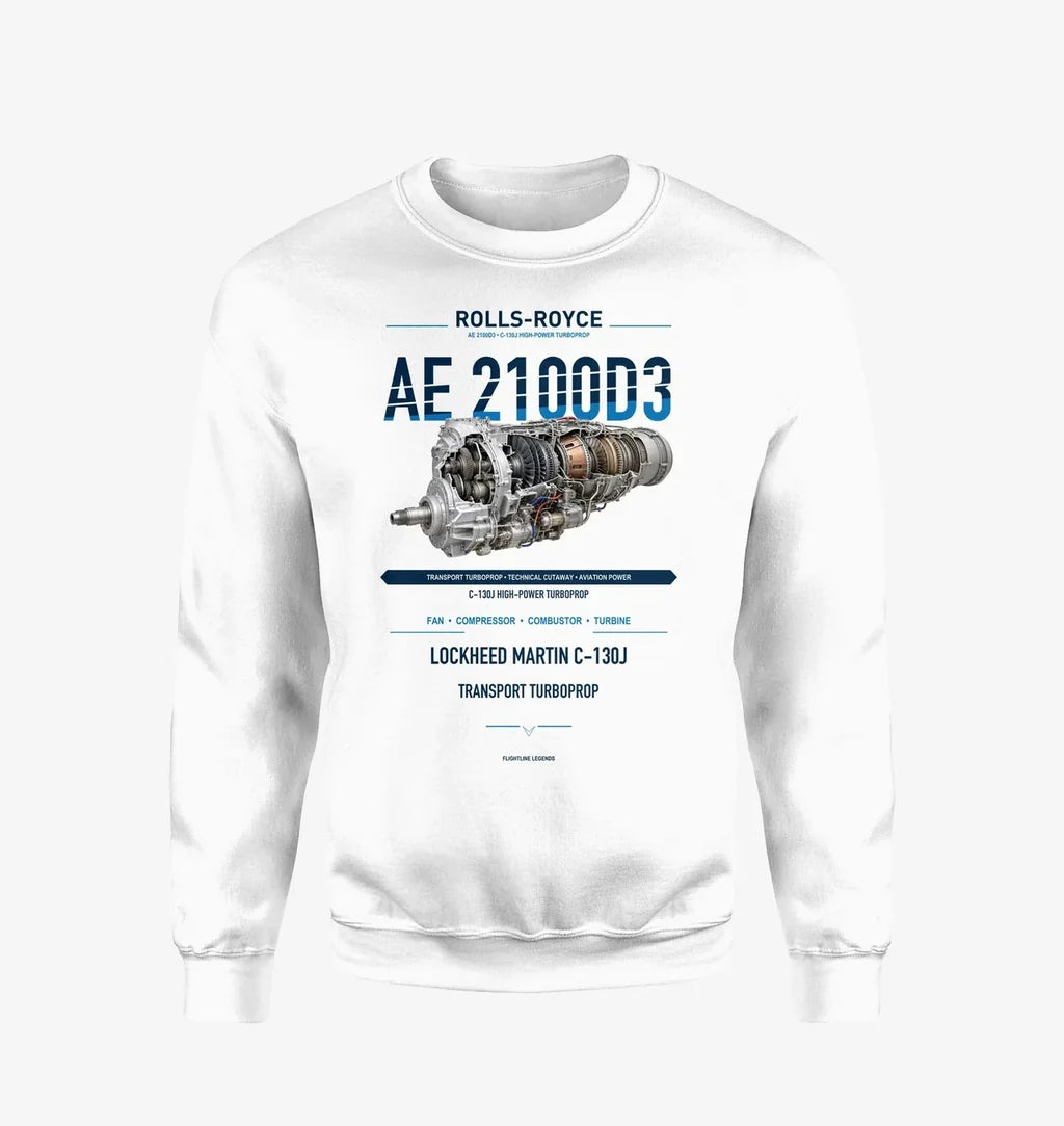 AE 2100D3 design on white sweatshirt