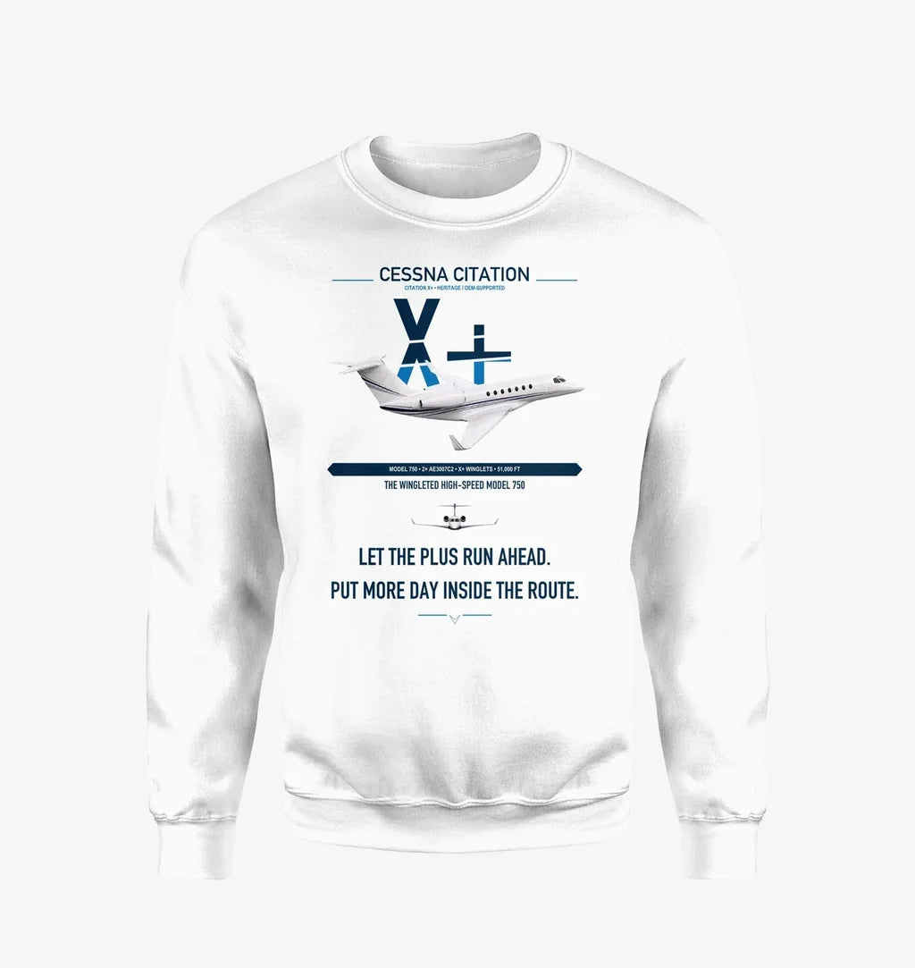 Cessna Citation X+ design on white sweatshirt