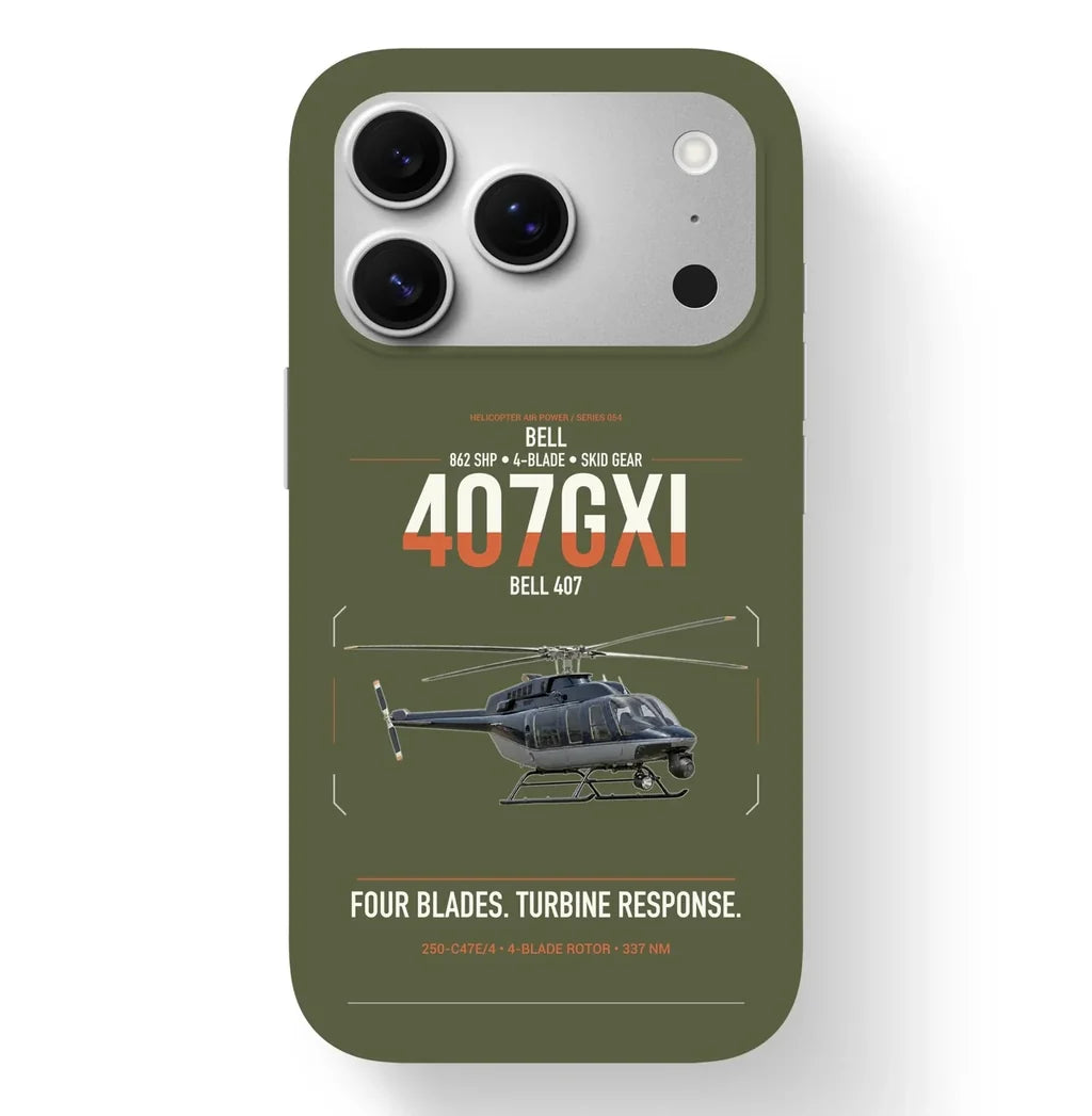 Bell 407GXi design on green army magsafe iphone case, for iPhone 17 Pro