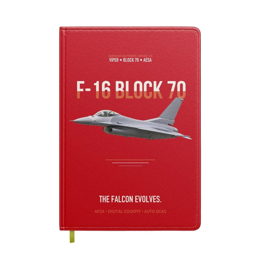 F-16 Block 70 The Falcon Evolves design on red notebook