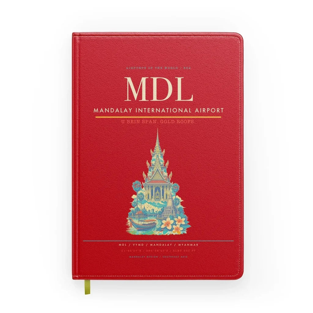 Mandalay International Airport (MDL) design on red notebook