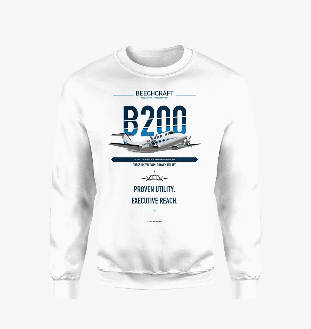 Beechcraft King Air B200 design on white sweatshirt