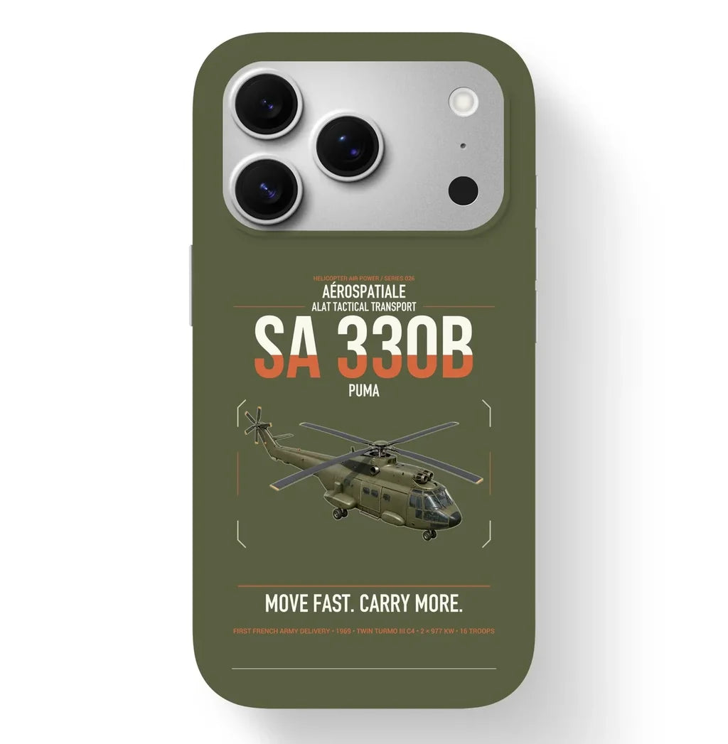 Aérospatiale SA 330B Puma design on green army magsafe iphone case, for iPhone 17 Pro