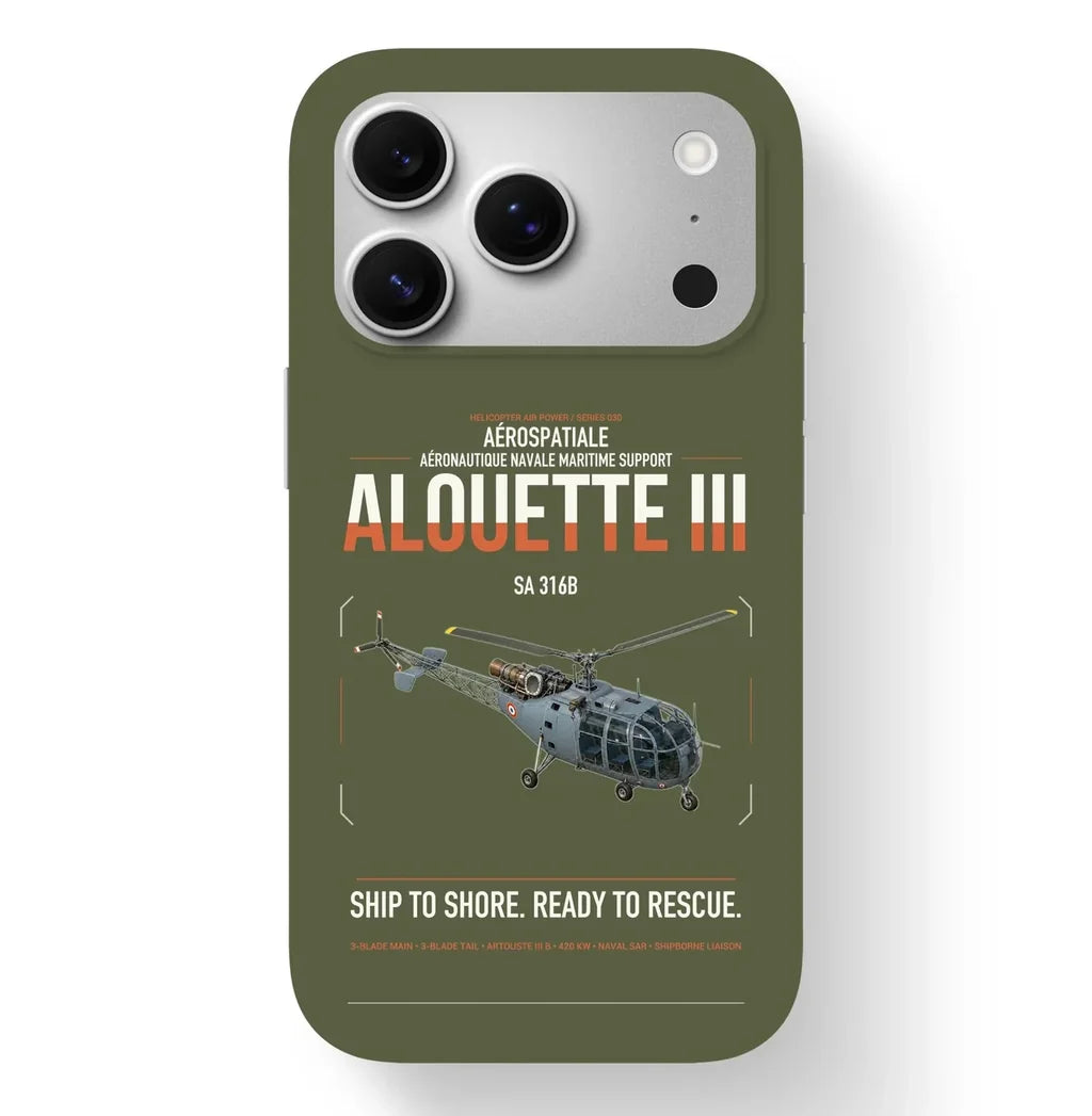 Aérospatiale SA 316B Alouette III design on green army magsafe iphone case, for iPhone 17 Pro