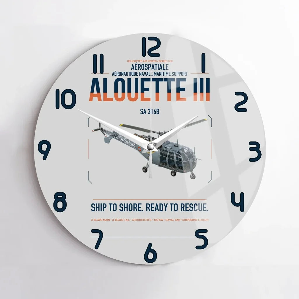 Aérospatiale SA 316B Alouette III design on light gray no frame wall clock