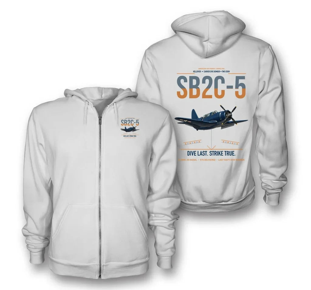 SB2C-5 Helldiver design on white premium zipped hoodie, double-side print