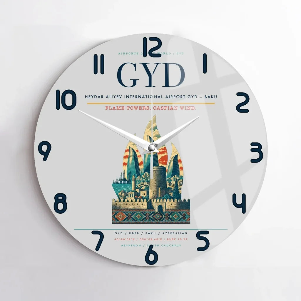 Heydar Aliyev International Airport (GYD) design on light gray no frame wall clock