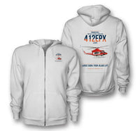 Thumbnail for SUBARU Bell 412EPX design on white premium zipped hoodie, double-side print