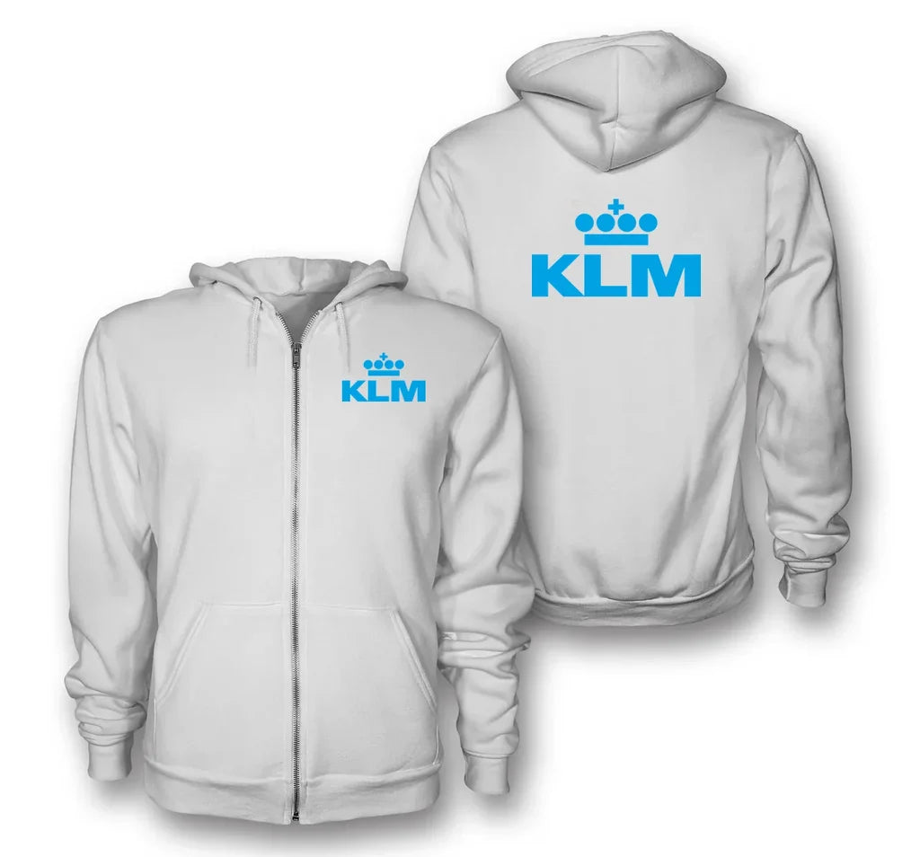 KLM Royal Dutch Airlines logo on white zipped hoodie