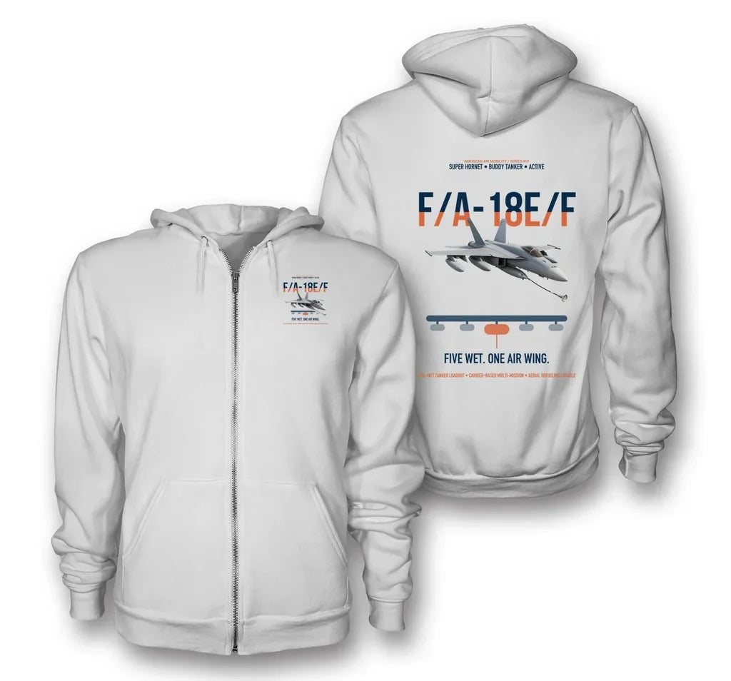 F A-18E F Buddy Tanker design on white premium zipped hoodie, double-side print