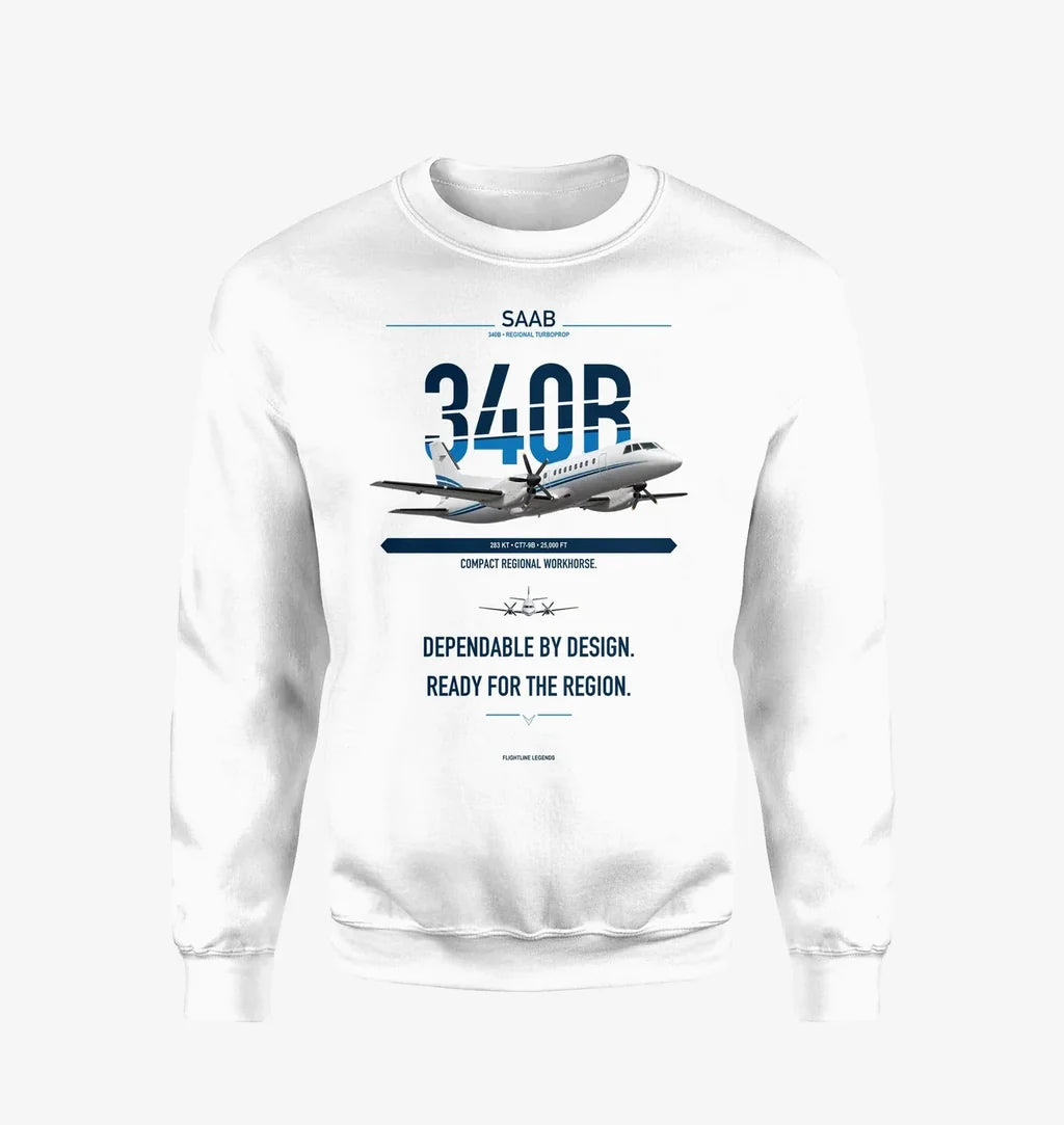 Saab 340B design on white sweatshirt