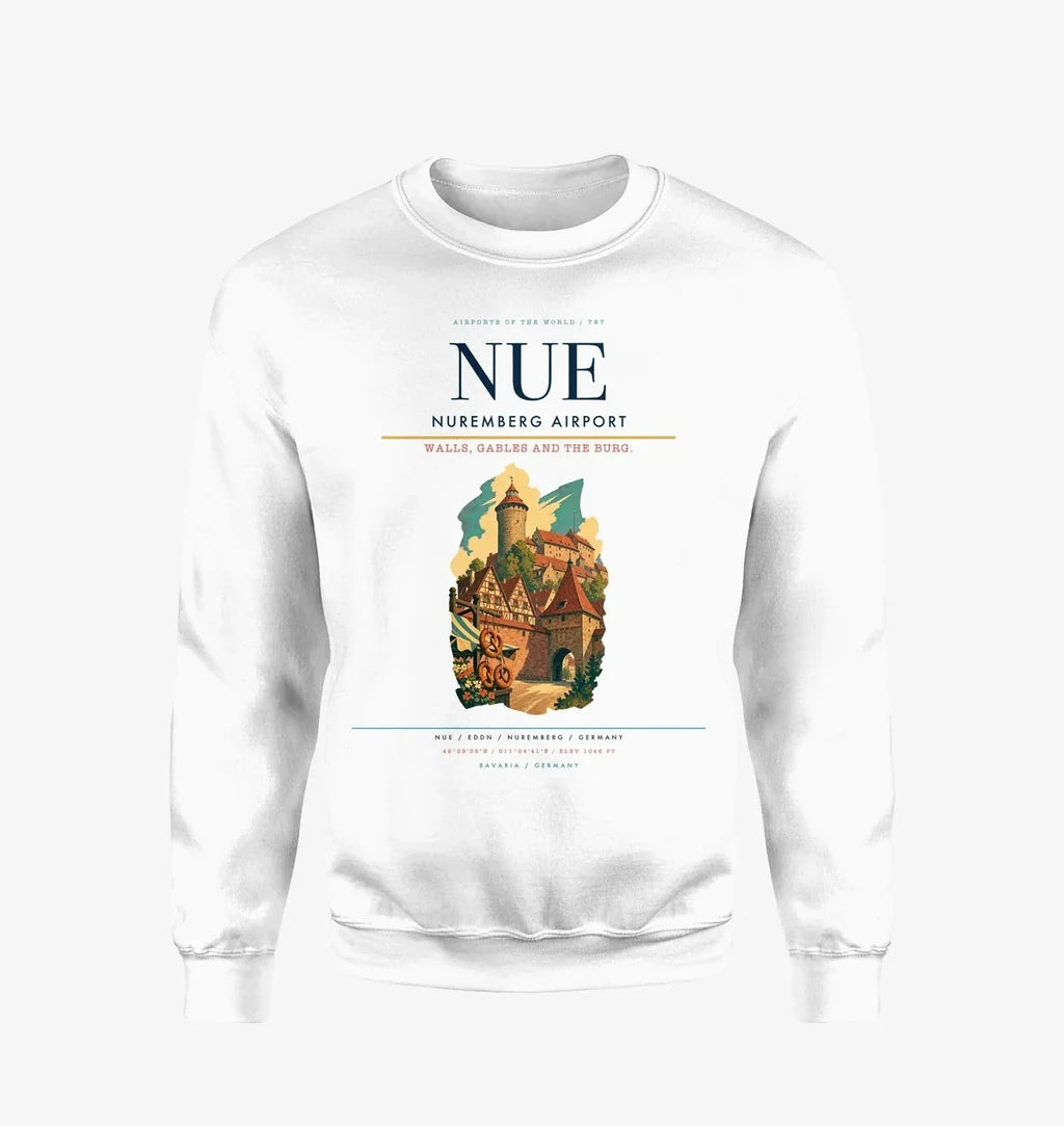 Nuremberg Airport (NUE) design on white sweatshirt
