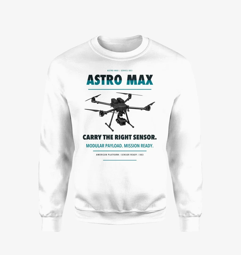 Freefly Astro Max design on white sweatshirt