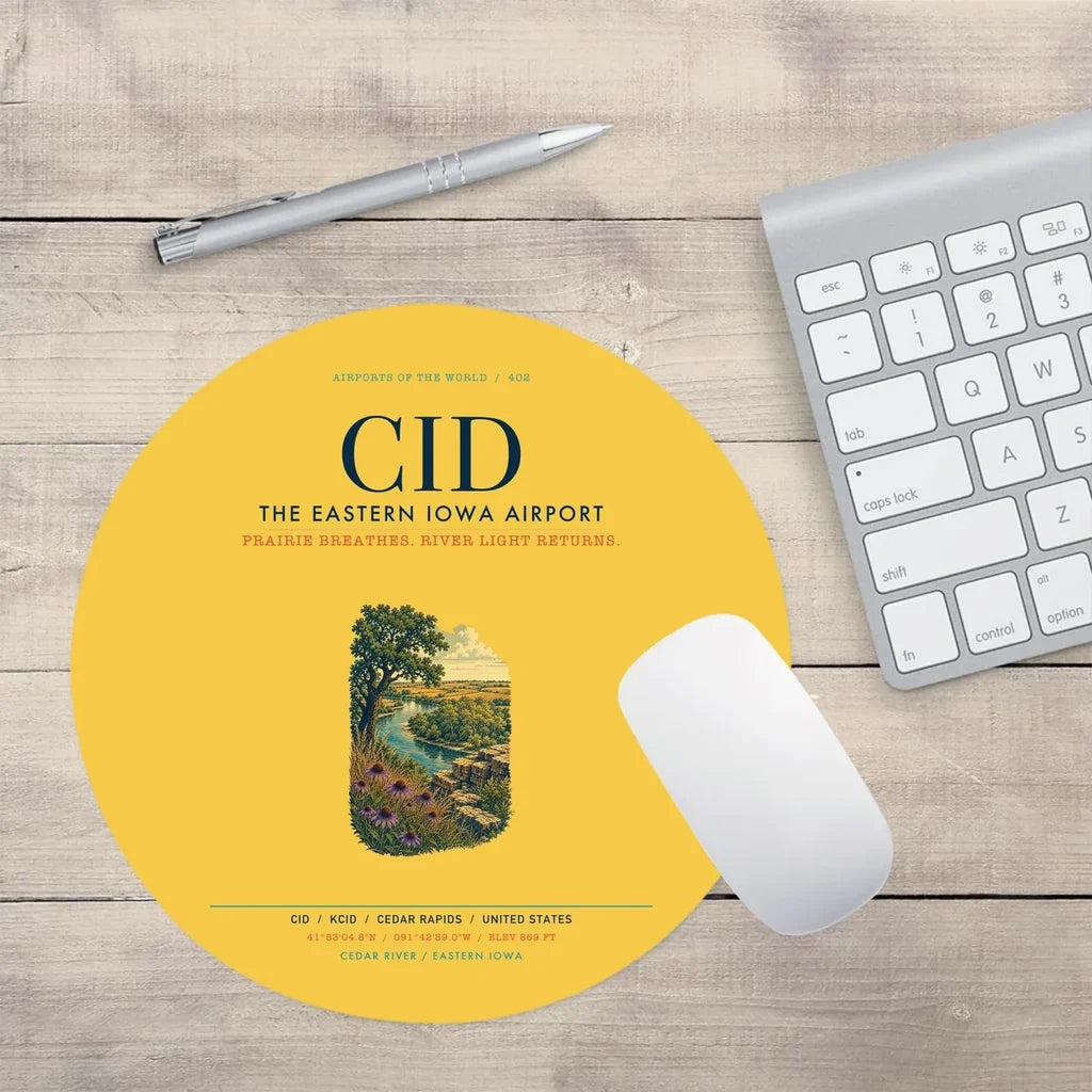 The Eastern Iowa Airport Cedar Rapids (CID) design on yellow round mouse pad