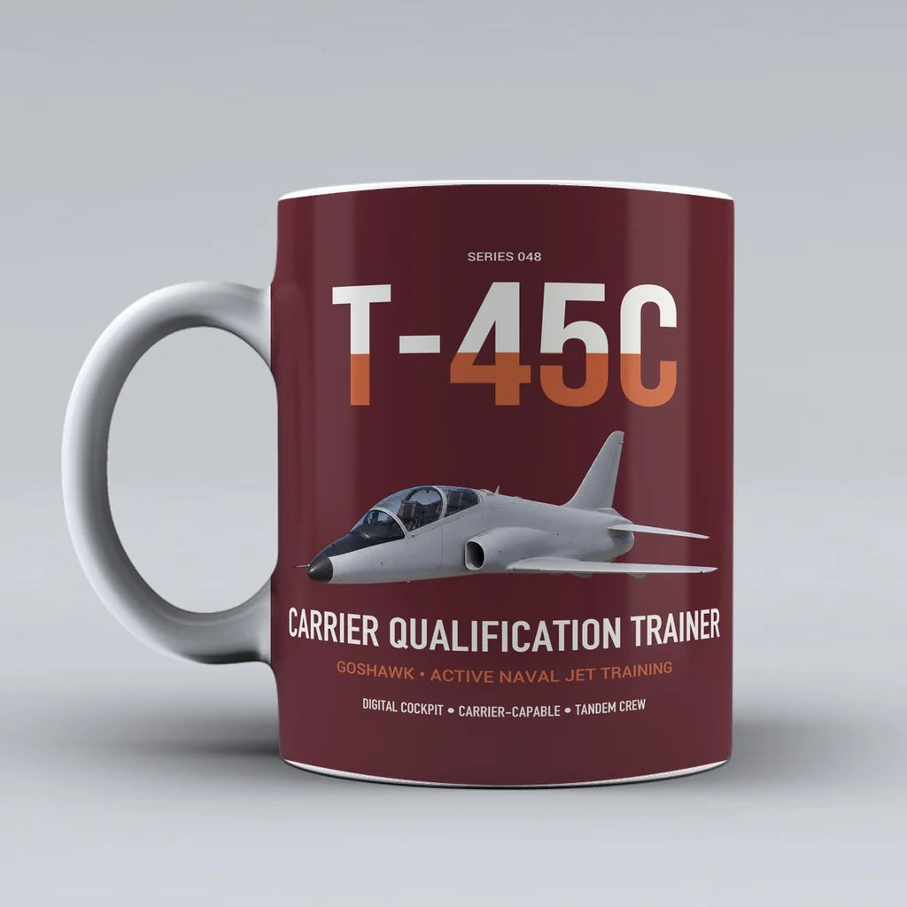 T-45C Goshawk design on dark red ceramic mug, double-side print