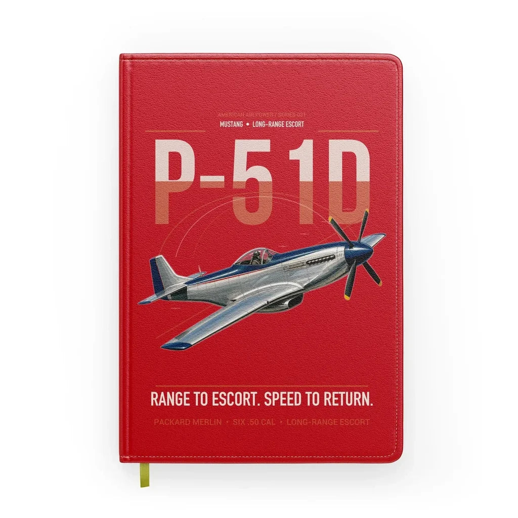 P-51D Mustang design on red notebook