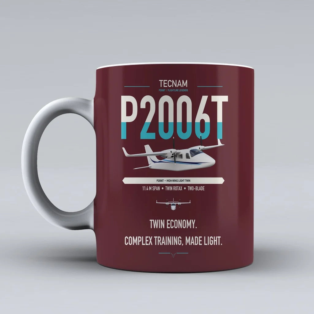 Tecnam P2006T design on dark red ceramic mug, double-side print