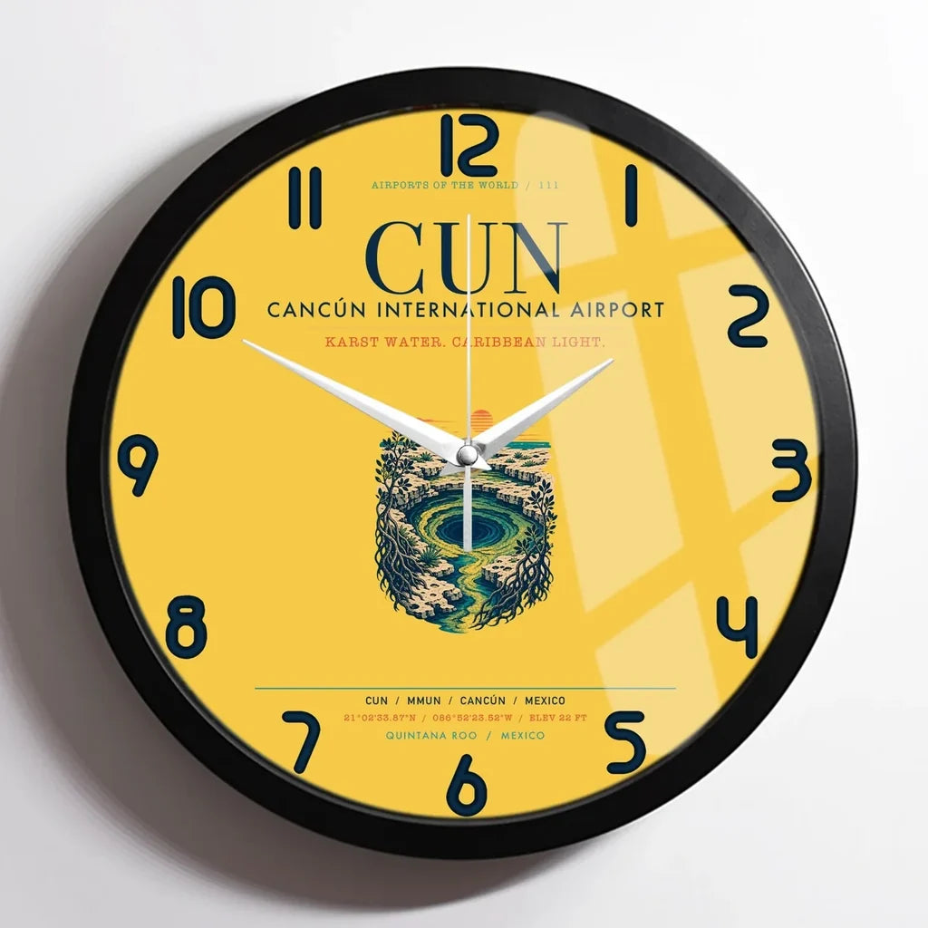 Cancún International Airport (CUN) design on yellow framed wall clock