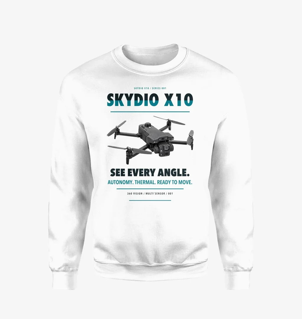 Skydio X10 design on white sweatshirt