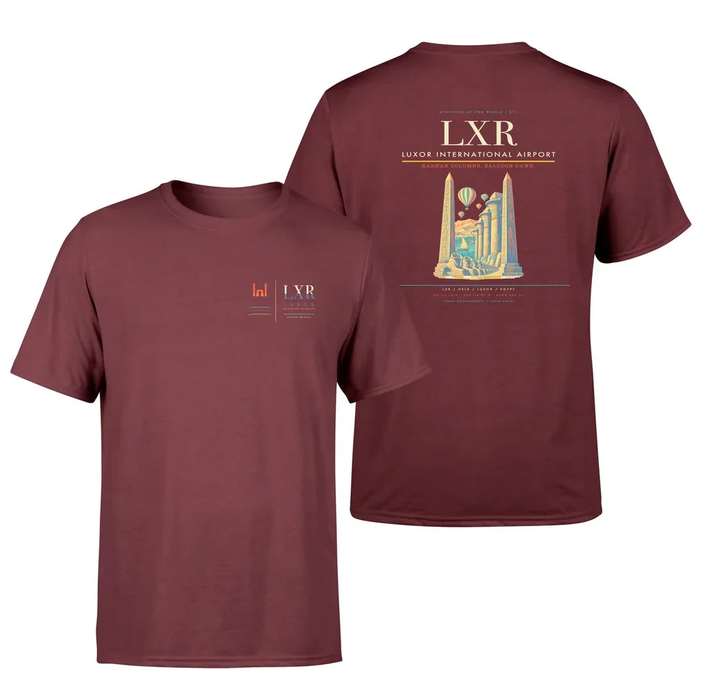 Luxor International Airport (LXR) design printed on dark red double-side t-shirt