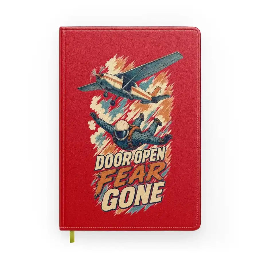 Door Open Fear Gone design on red notebook