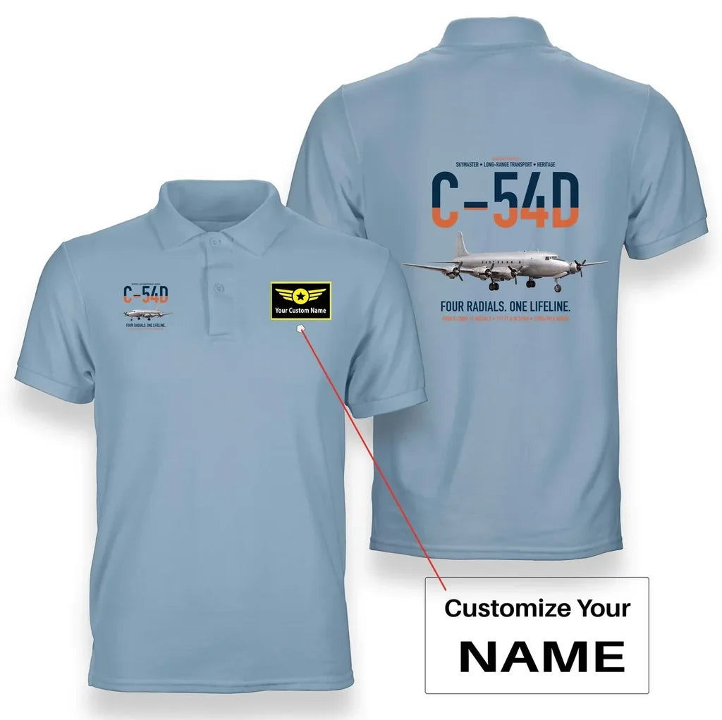 C-54D Skymaster design on light blue+name double-side polo t-shirt, double-side print