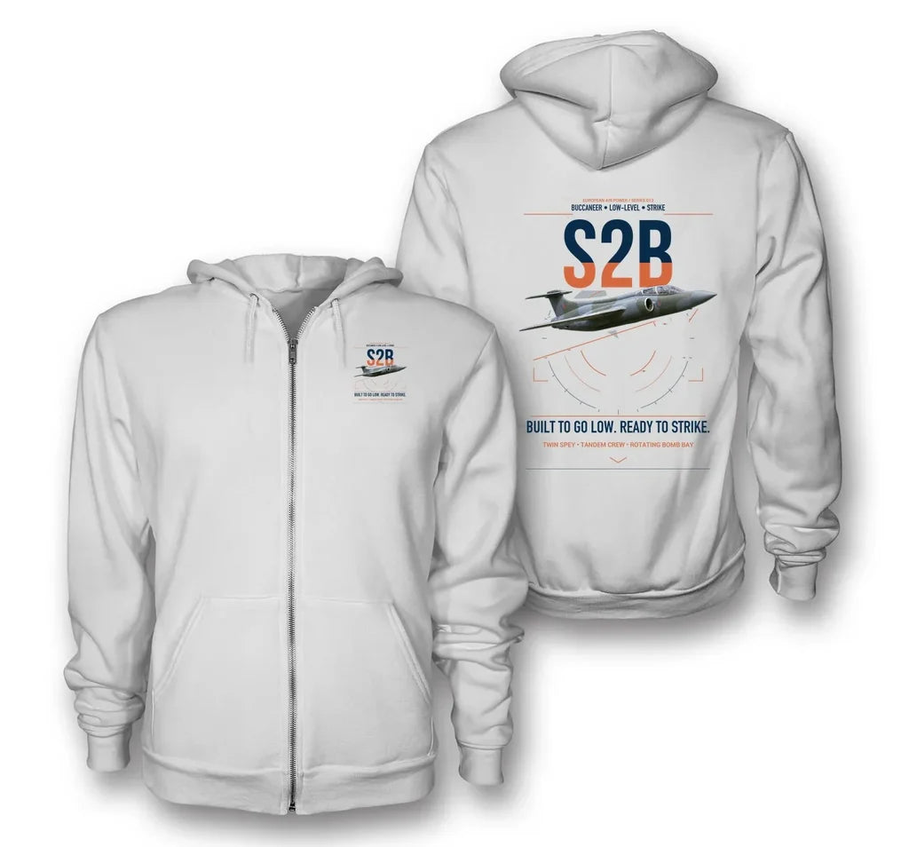 Blackburn Buccaneer S2B design on white premium zipped hoodie, double-side print