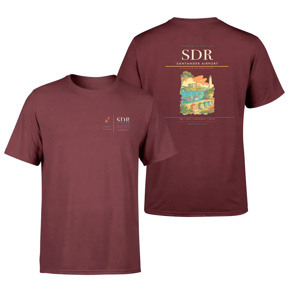 Santander Airport (SDR) design printed on dark red double-side t-shirt