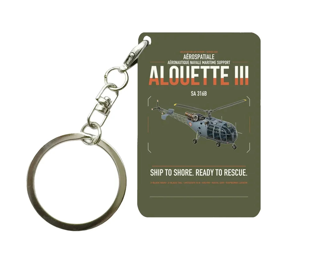 Aérospatiale SA 316B Alouette III design on green army designed key chain, double-side print