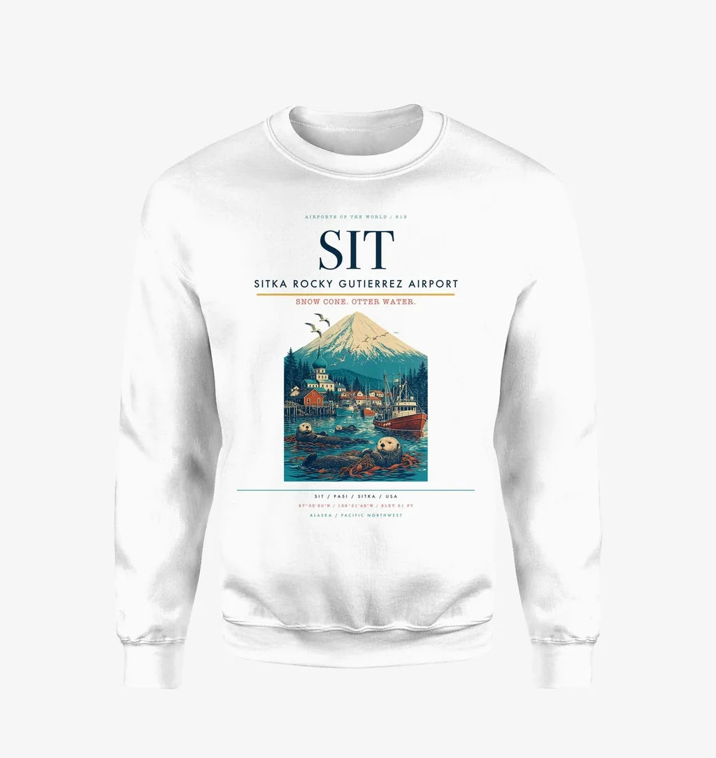 Sitka Rocky Gutierrez Airport (SIT) design on white sweatshirt