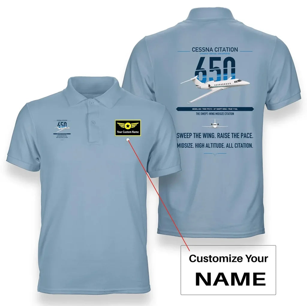 Cessna Citation 650 - Citation III design on light blue+name double-side polo t-shirt, double-side print