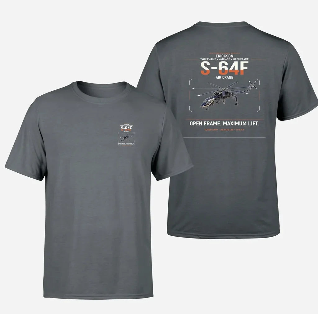 Erickson S-64F Air Crane design on gray t-shirt, double-side print