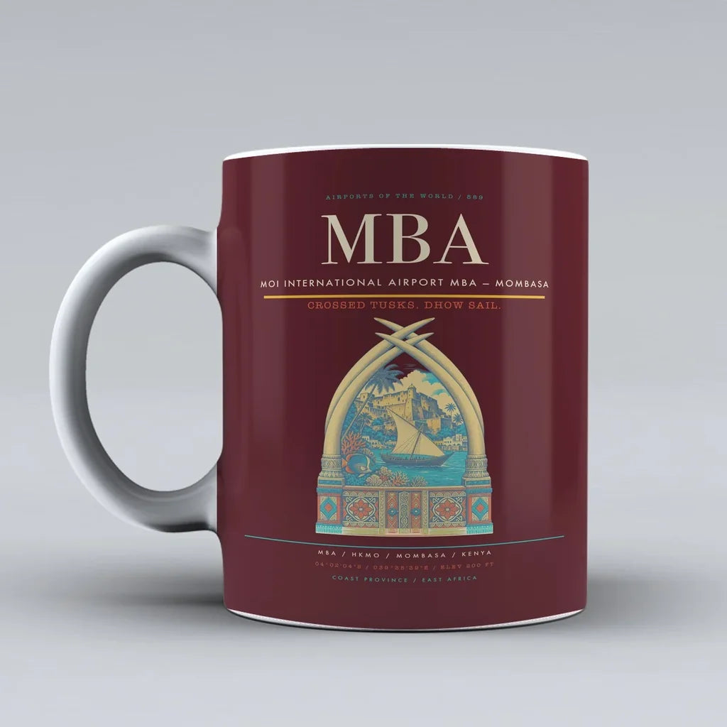 International Airport MBA — Mombasa Mug design on dark red moi