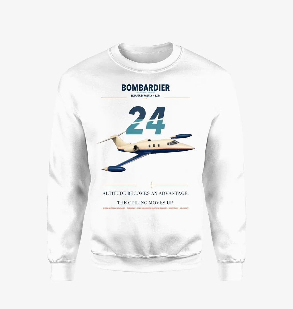 Bombardier Learjet 24 design on white sweatshirt