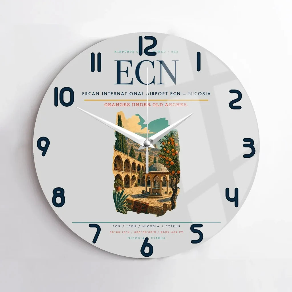 Ercan International Airport (ECN) design on light gray no frame wall clock