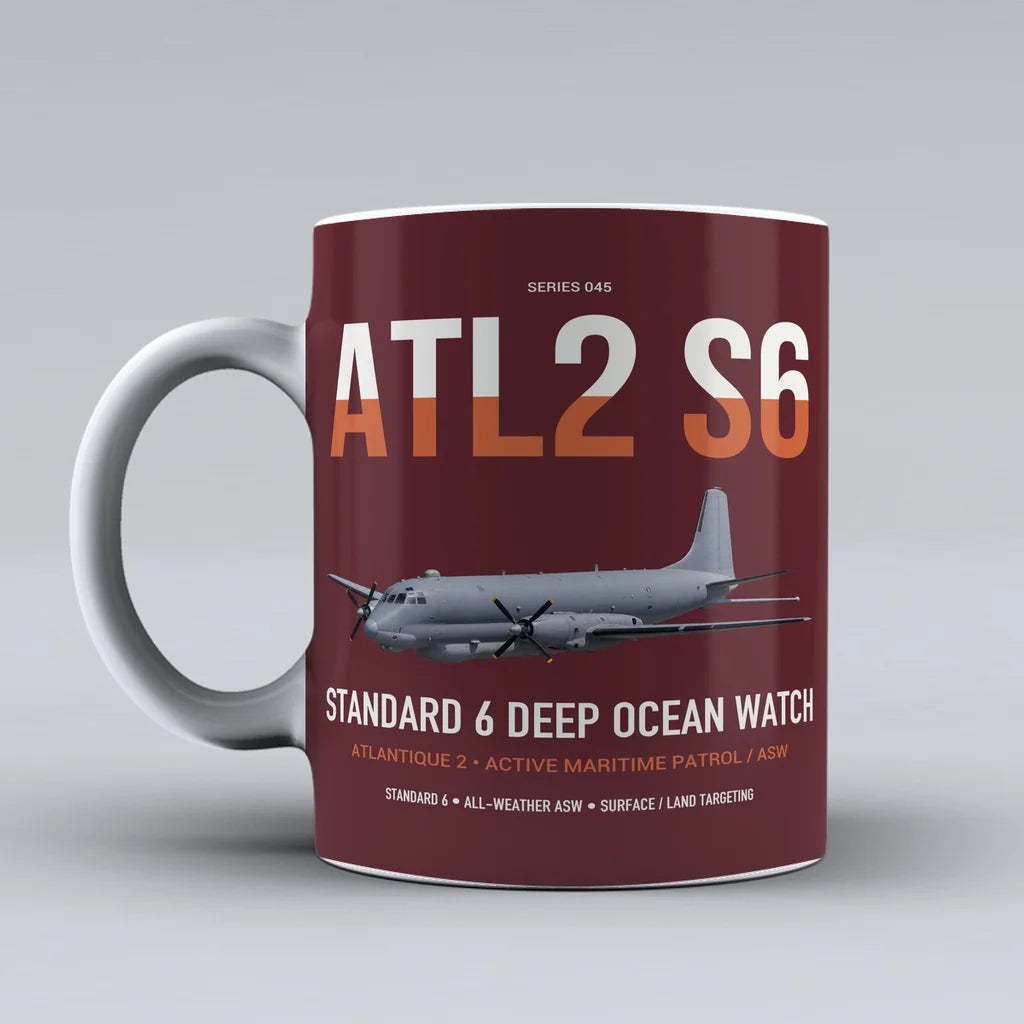 Atlantique 2 Standard 6 design on dark red ceramic mug, double-side print