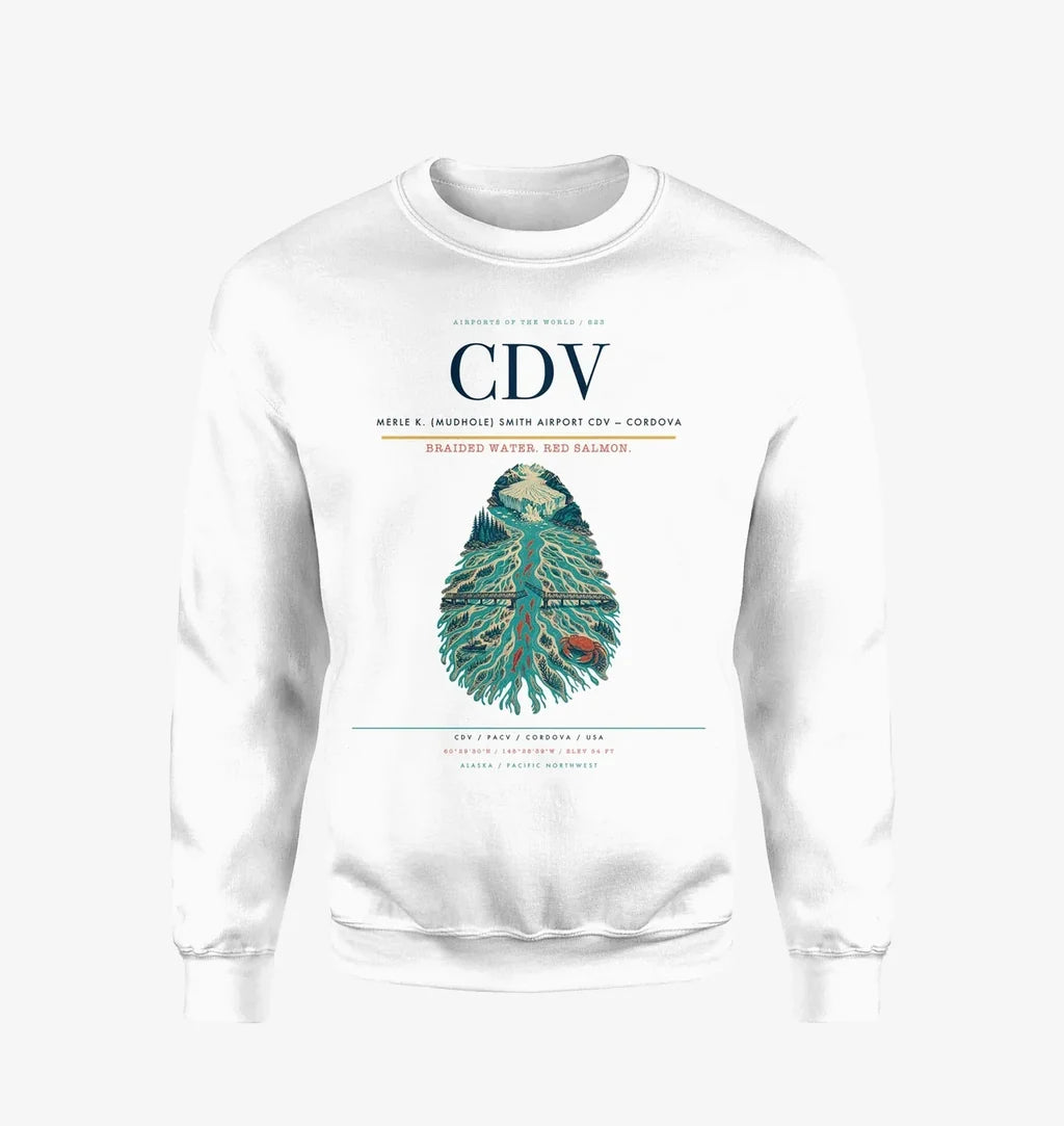 Merle K. (Mudhole) Smith Airport (CDV) design on white sweatshirt